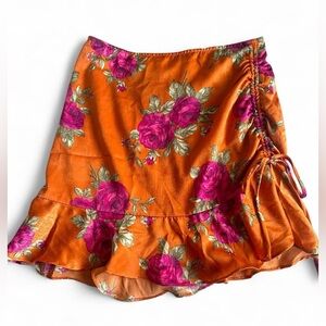 Forever 21 Orange Satin Skirt with Pink Rose Floral Pattern